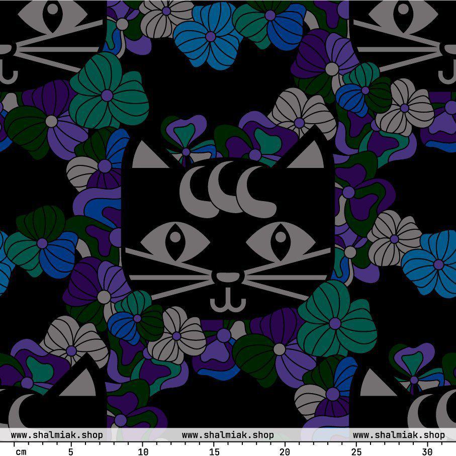 Fabric - MAGICAT mystic - Black cats and flowers print