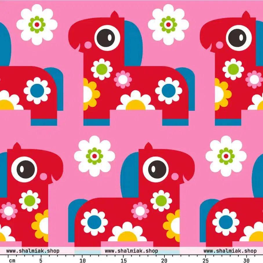 Fabric - PONY BLOOM pink - Happy ponies and flowers print