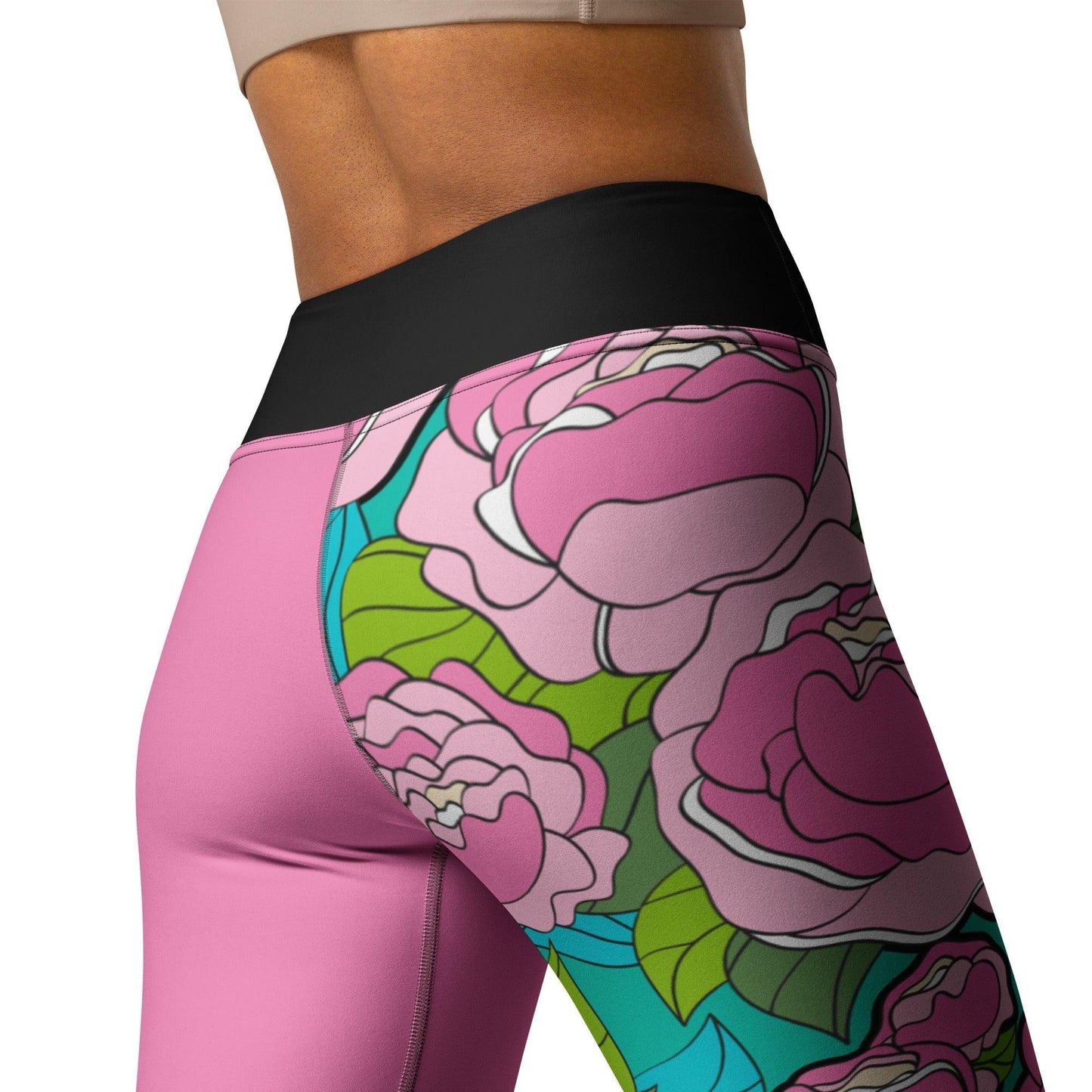 Yoga leggings - BE MY ONLY pink turquoise - Bold pink peony print