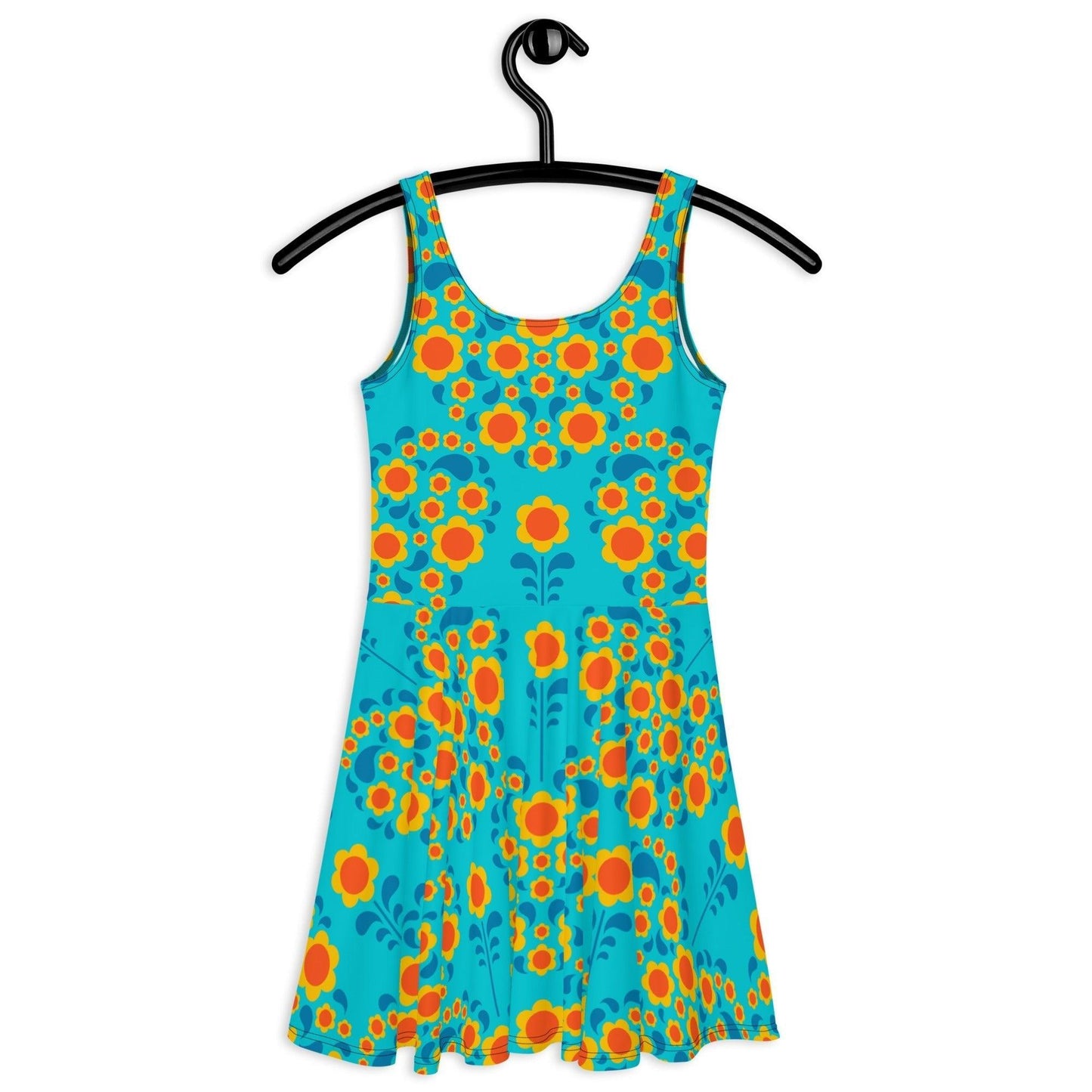 Skater dress - HEARTBEAT orange blue - Flower hearts print