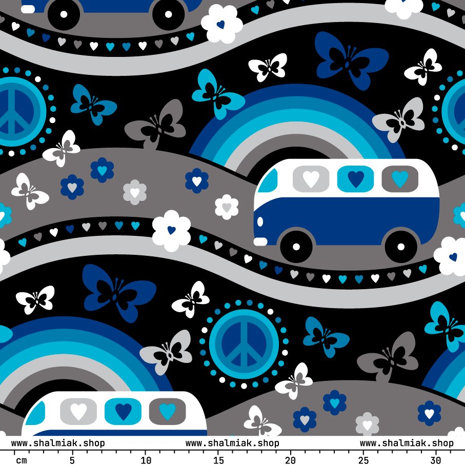Fabric - HIPPIE DAY cosmic blue - Colorful hippie print
