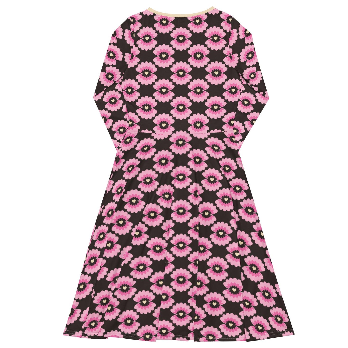 Midi dress - LOVE PEARL pink brown - Pearls and hearts print
