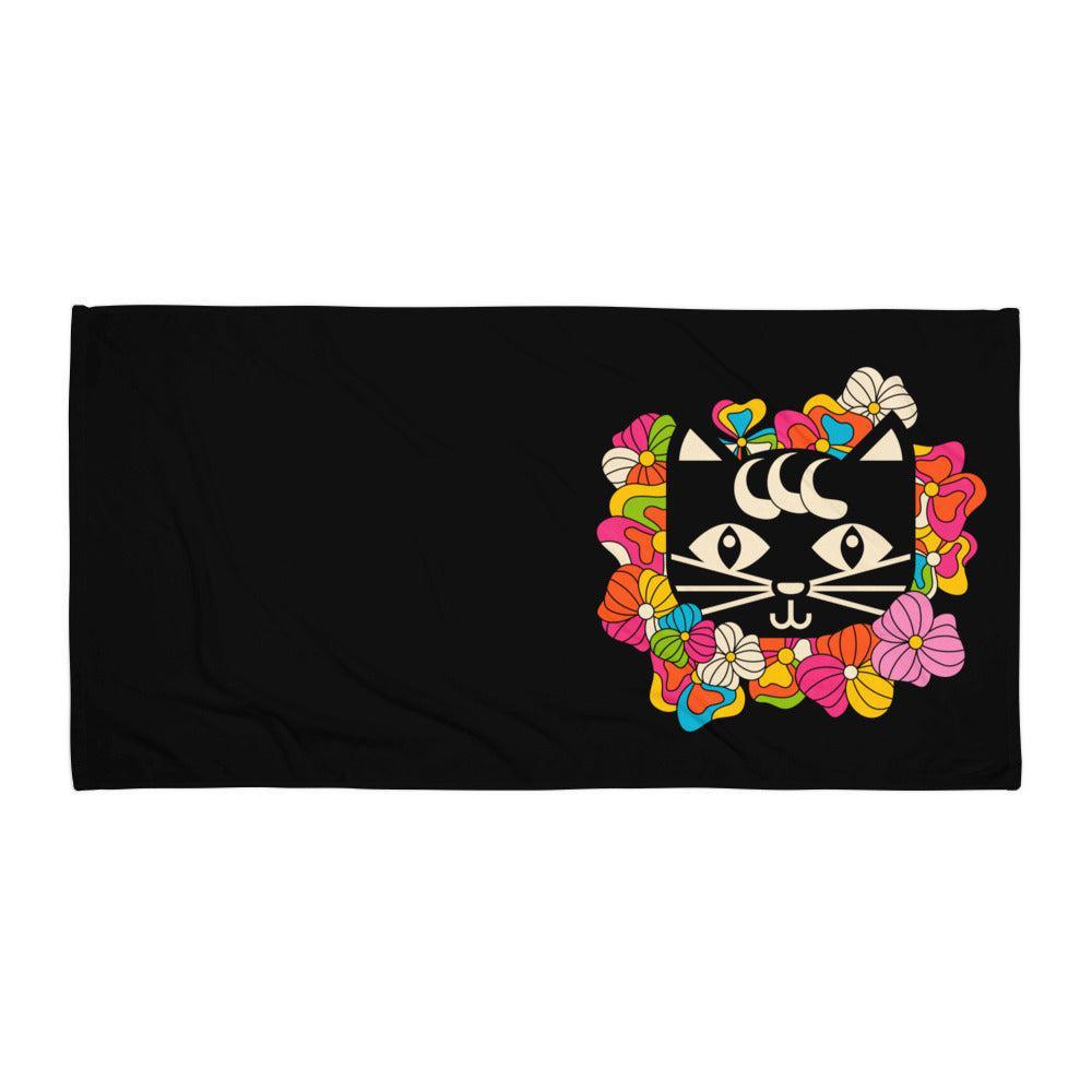 Towel - MAGICAT black (just cat) - Black Cats & Flowers