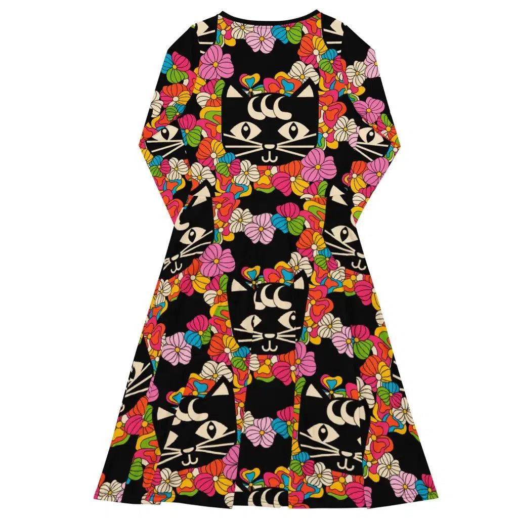 Midi dress - MAGICAT black - Black cats and flowers print
