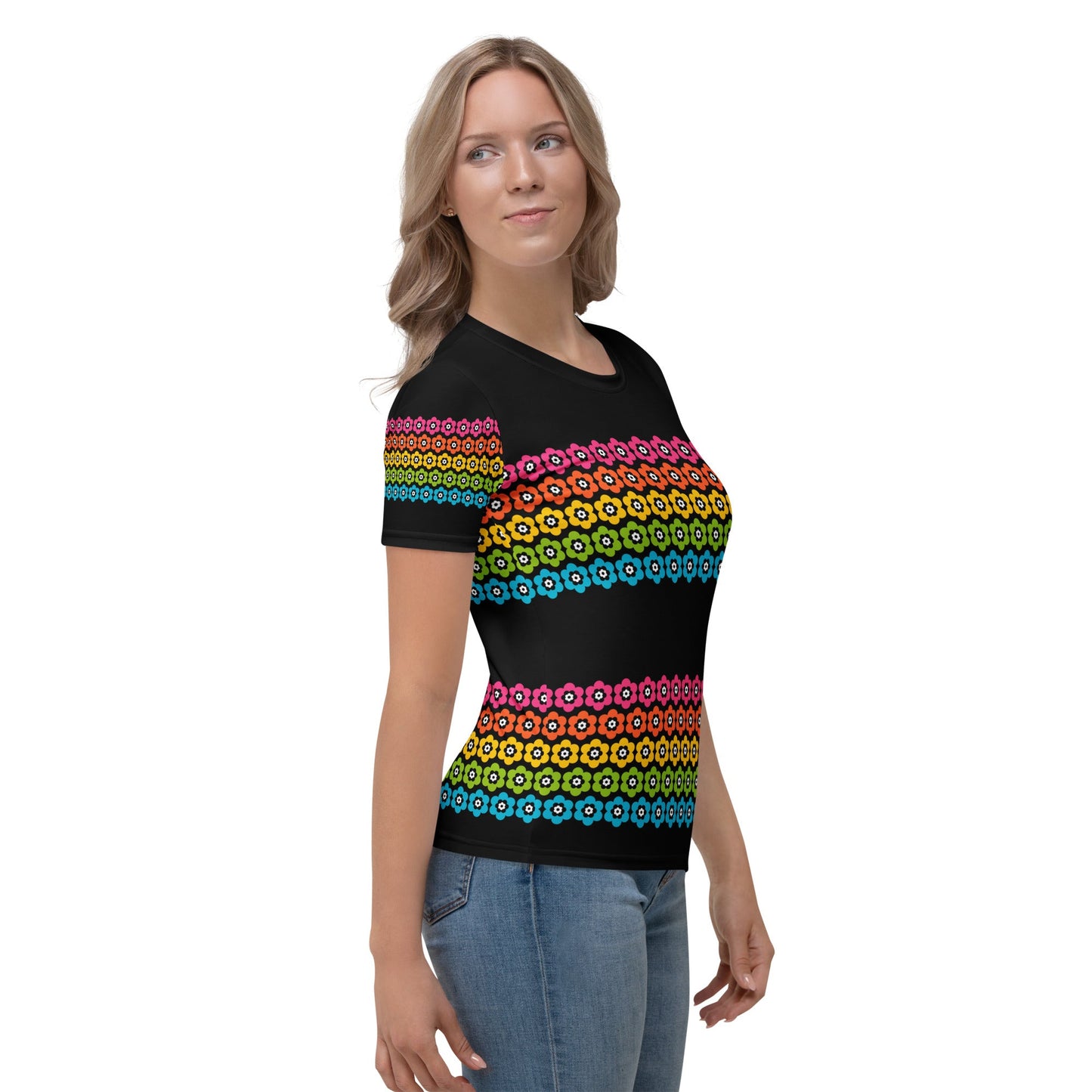 Woman's t-shirt - PEACOCK BLOOM rainbow - Vibrant bloom stripe print