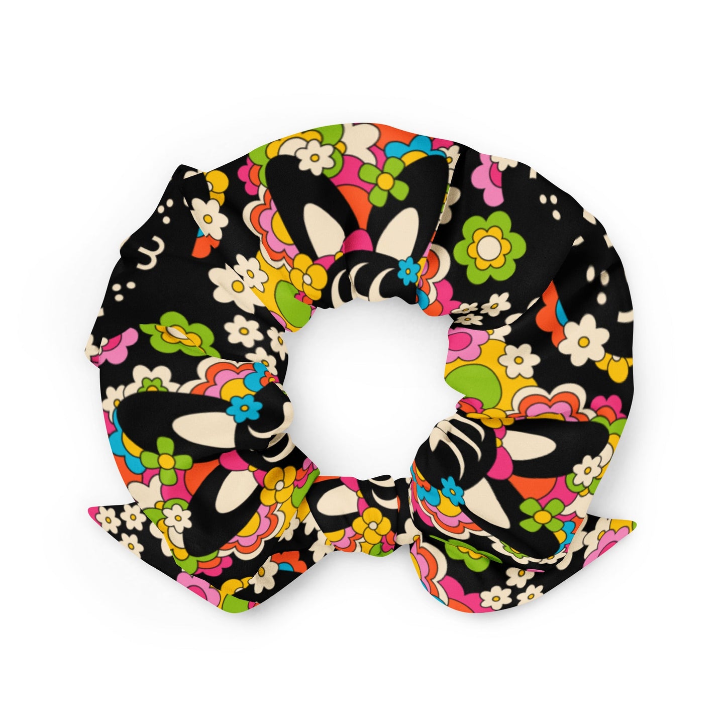Scrunchie - POPBUNNY black - Playful bunnies and flowers print
