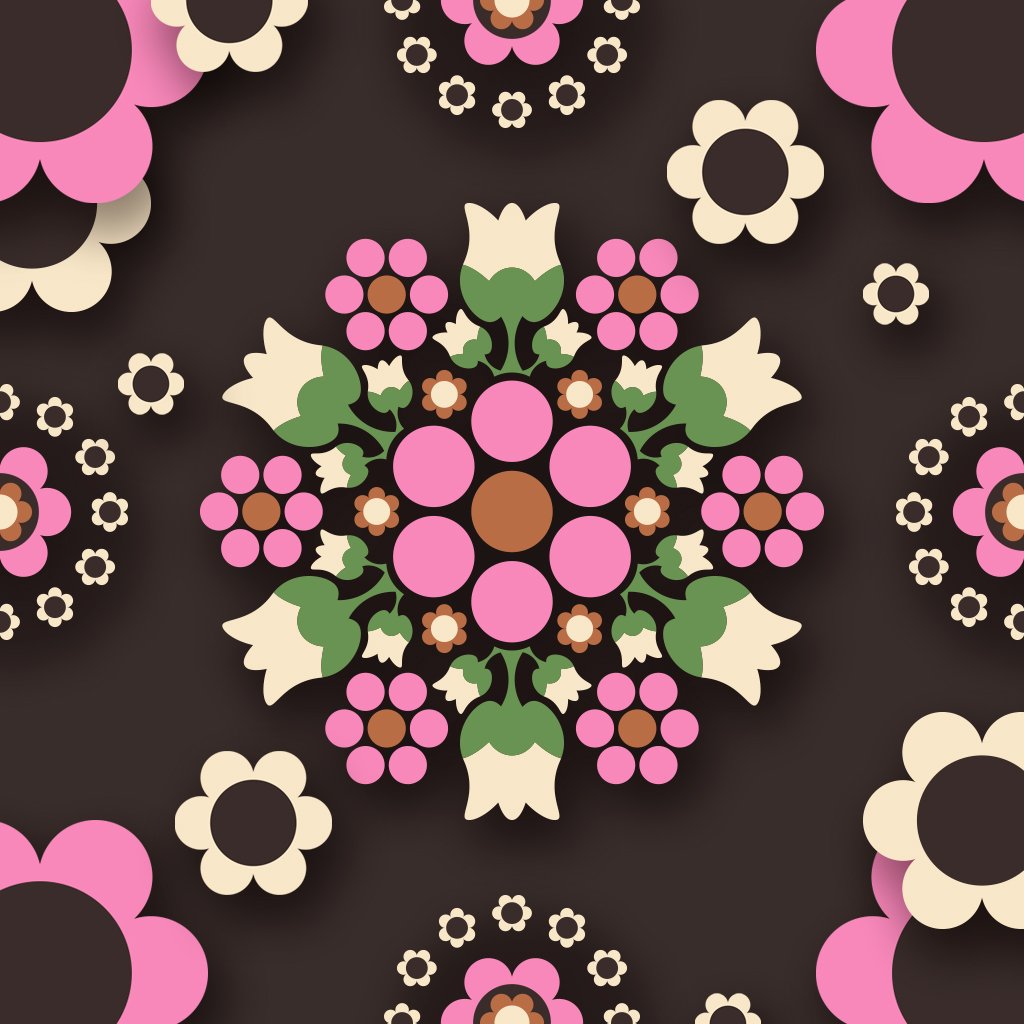 Design BERRY DANCE pink brown by SHALMIAK. Pink and creme flowers on brown background.