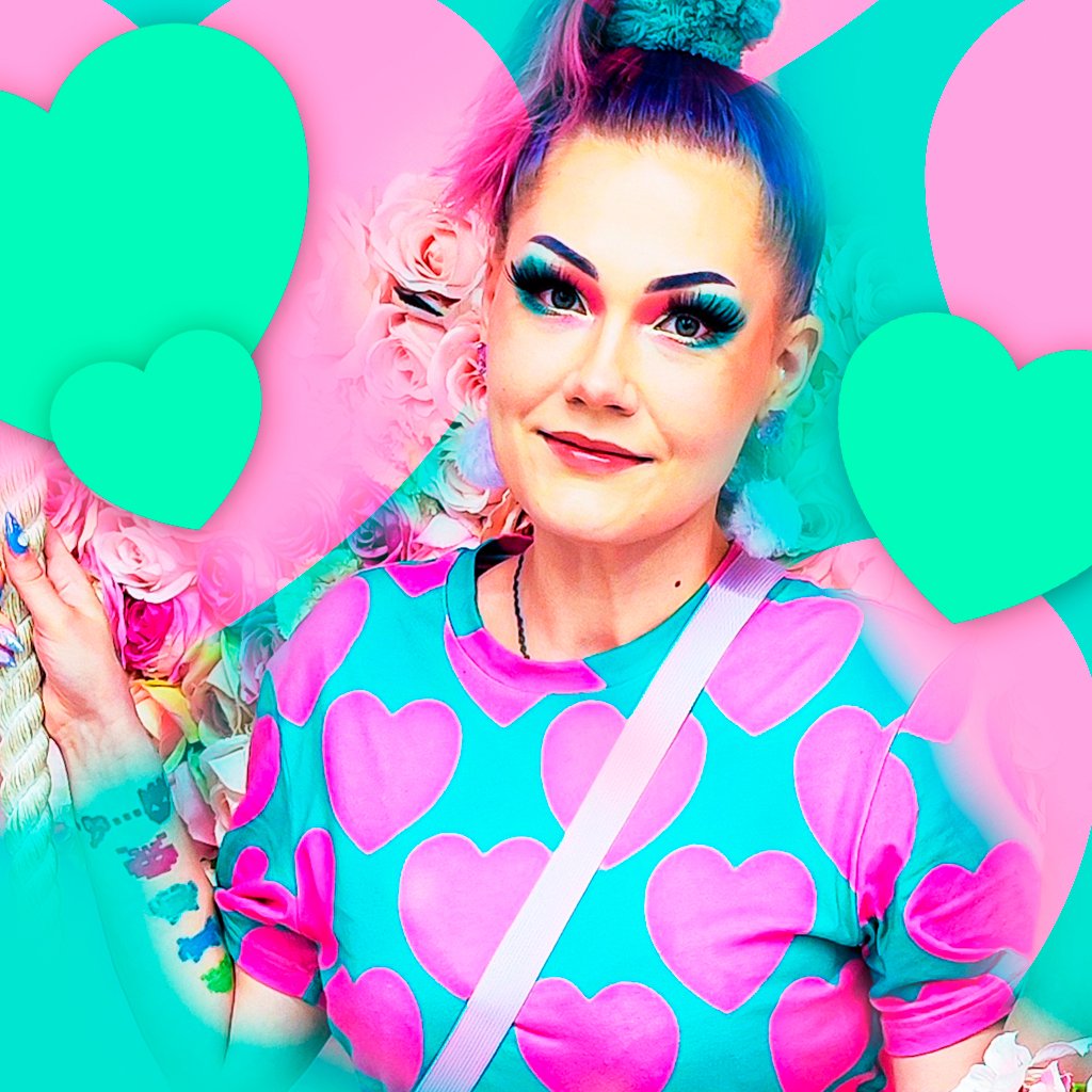 Woman wearing a t-shirt with pink hearts on mint. Decorated with mint hearts.