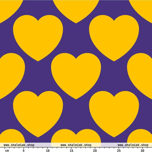 Fabric - ELLIE LOVE yellow purple - Bold Heart Print