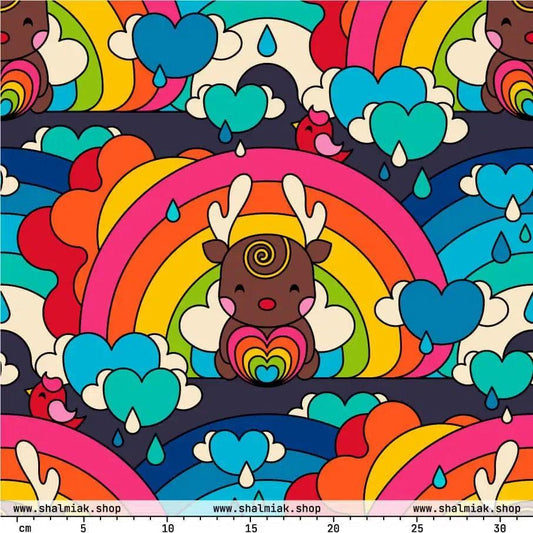 Fabric - HAPPY RAINDEAR - Reindeer and rainbows print