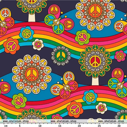 Fabric - HIPPIE PARK - Hippie symbols, rainbows & butterflies