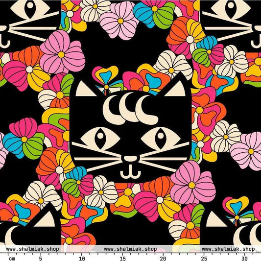 Fabric - MAGICAT black - Black cats and flowers print