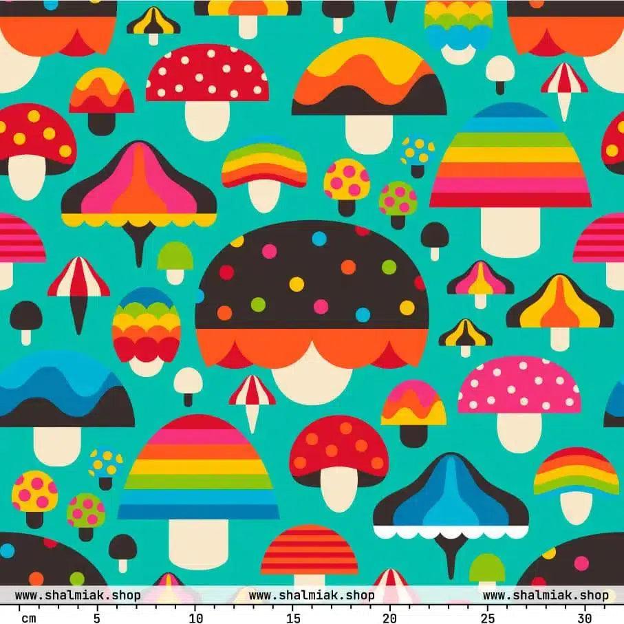 Fabric - MUSHROOM MANIA mint - Colorful mushroom print