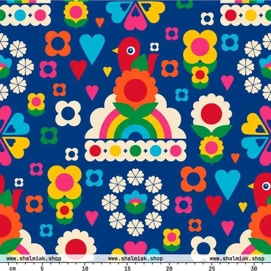 Fabric - OLD BIRDIE blue - Retro Birds, flowers & rainbows