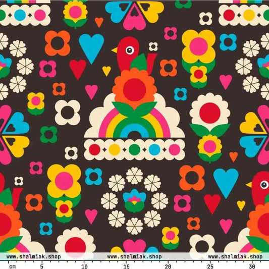 Fabric - OLD BIRDIE brown - Retro Birds, flowers & rainbows