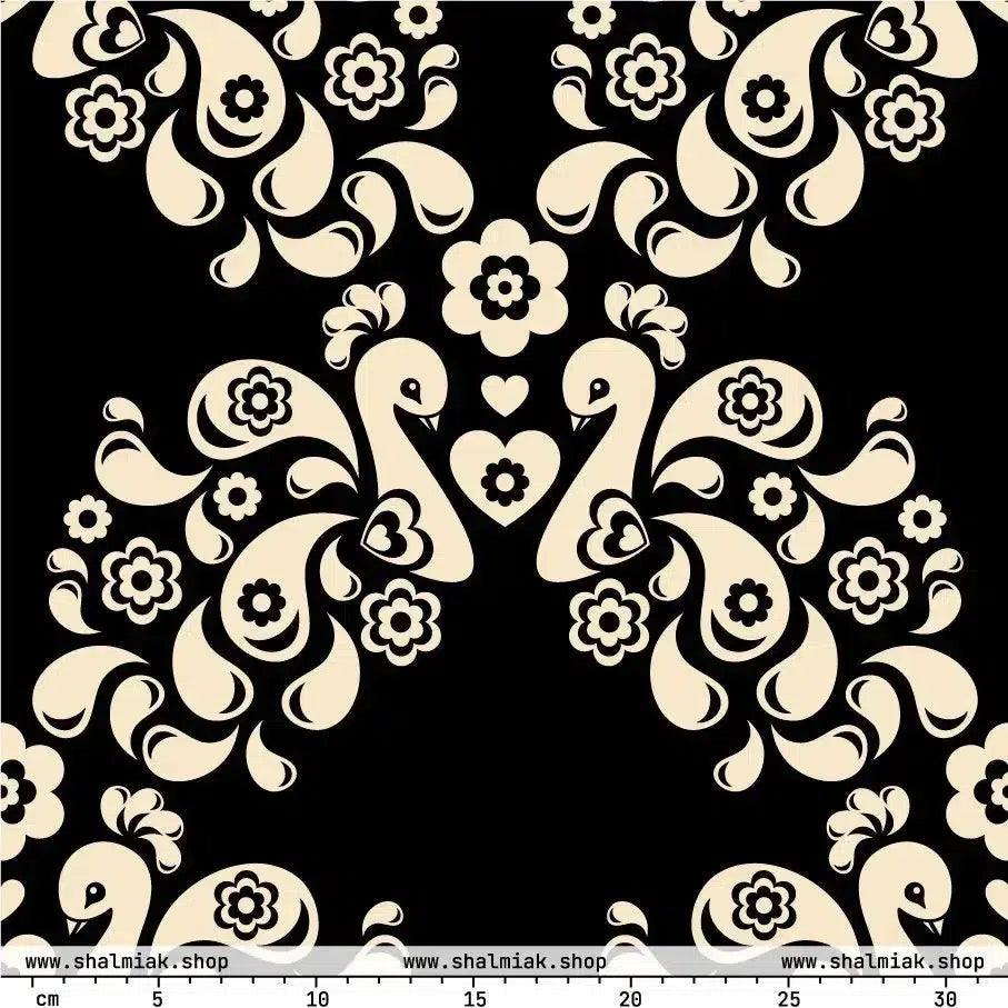 Fabric - PEACOCK LOVE black - Glorious peacock print