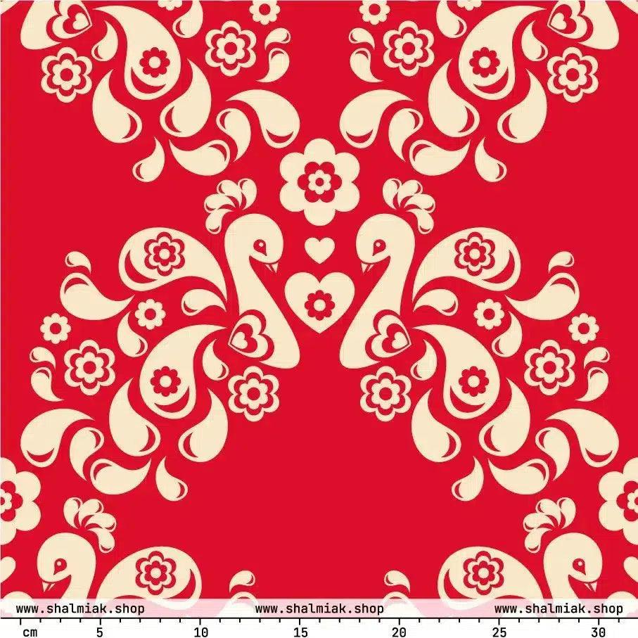 Fabric - PEACOCK LOVE red - Glorious peacock print