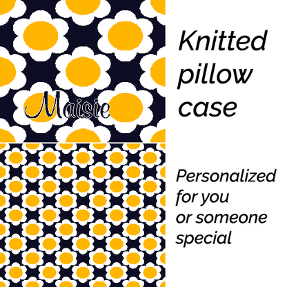 Personalized knitted pillowcase with flowers Yellow Dark blue