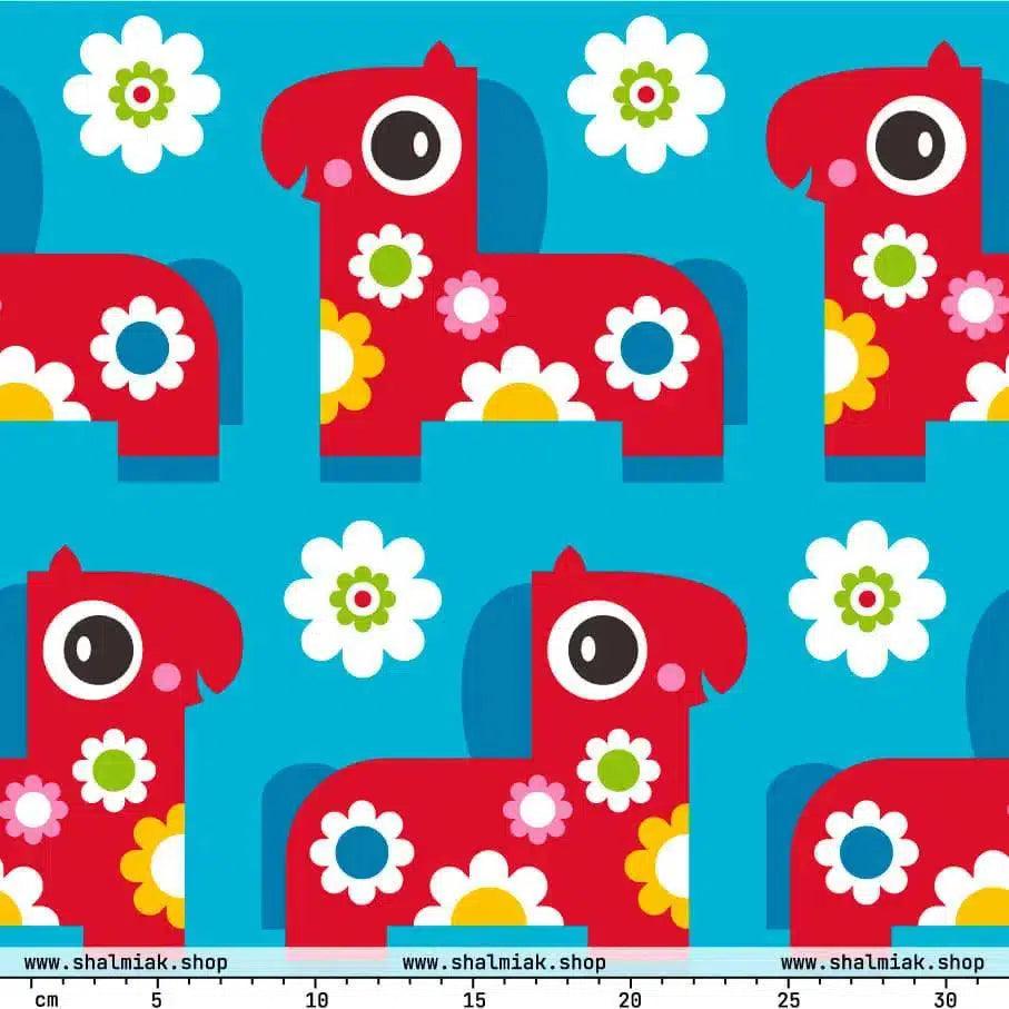Fabric - PONY BLOOM turquoise - Happy ponies and flowers print