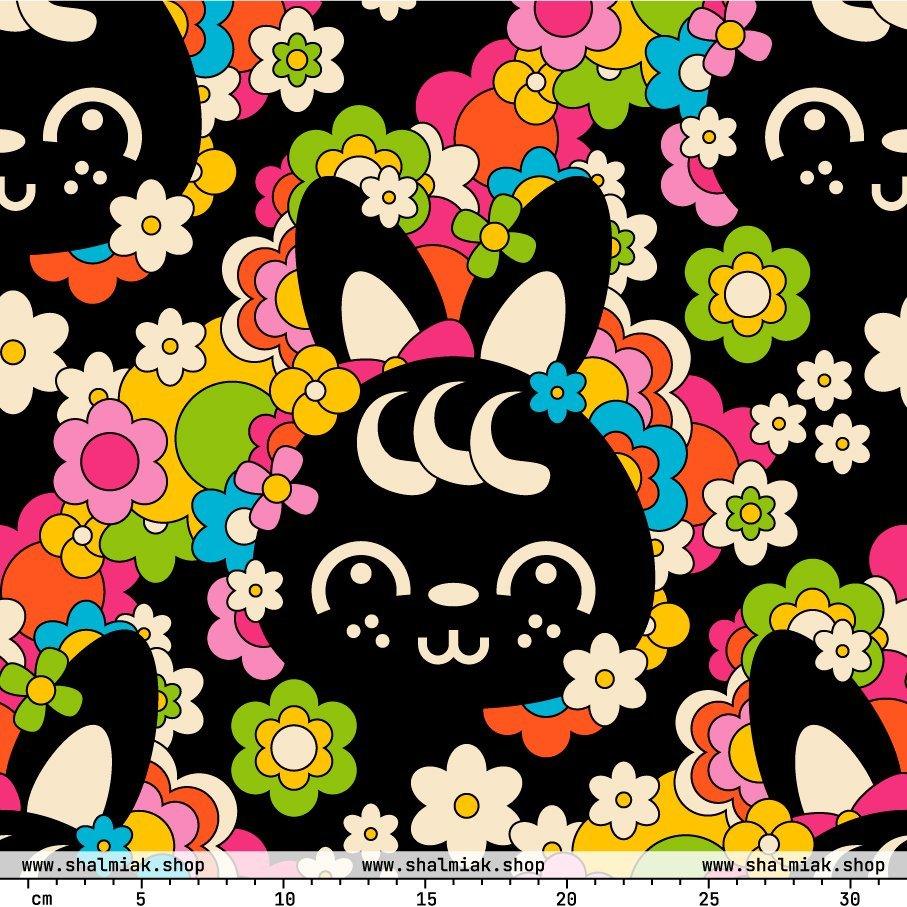 Fabric - POPBUNNY black - Playful bunnies and flowers print
