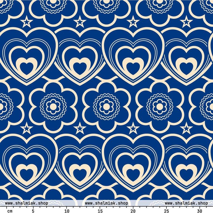 Fabric - RAMONA blue - Simple hearts and flowers print