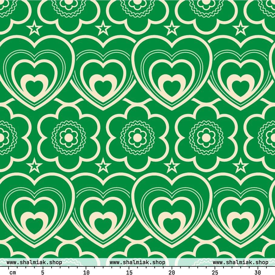 Fabric - RAMONA green - Simple hearts and flowers print
