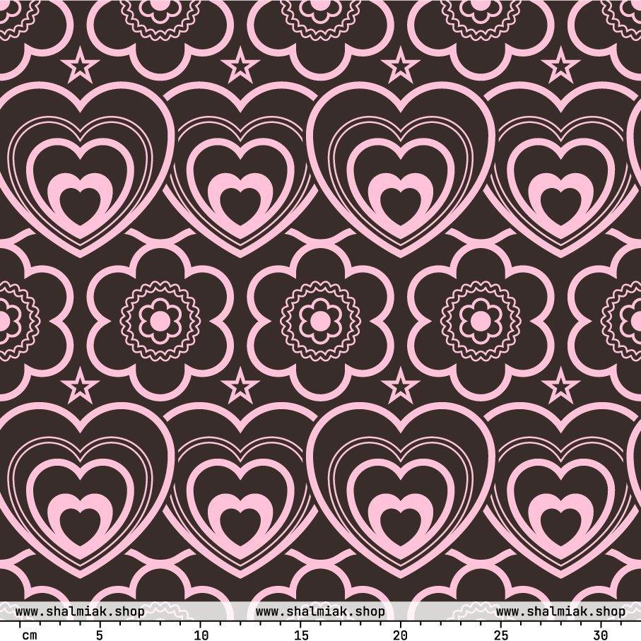 Fabric - RAMONA pink brown - Simple hearts and flowers print