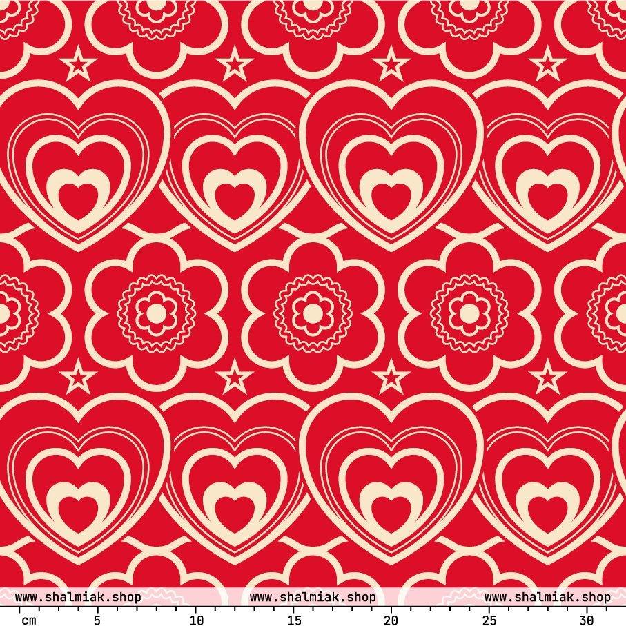 Fabric - RAMONA red - Simple hearts and flowers print