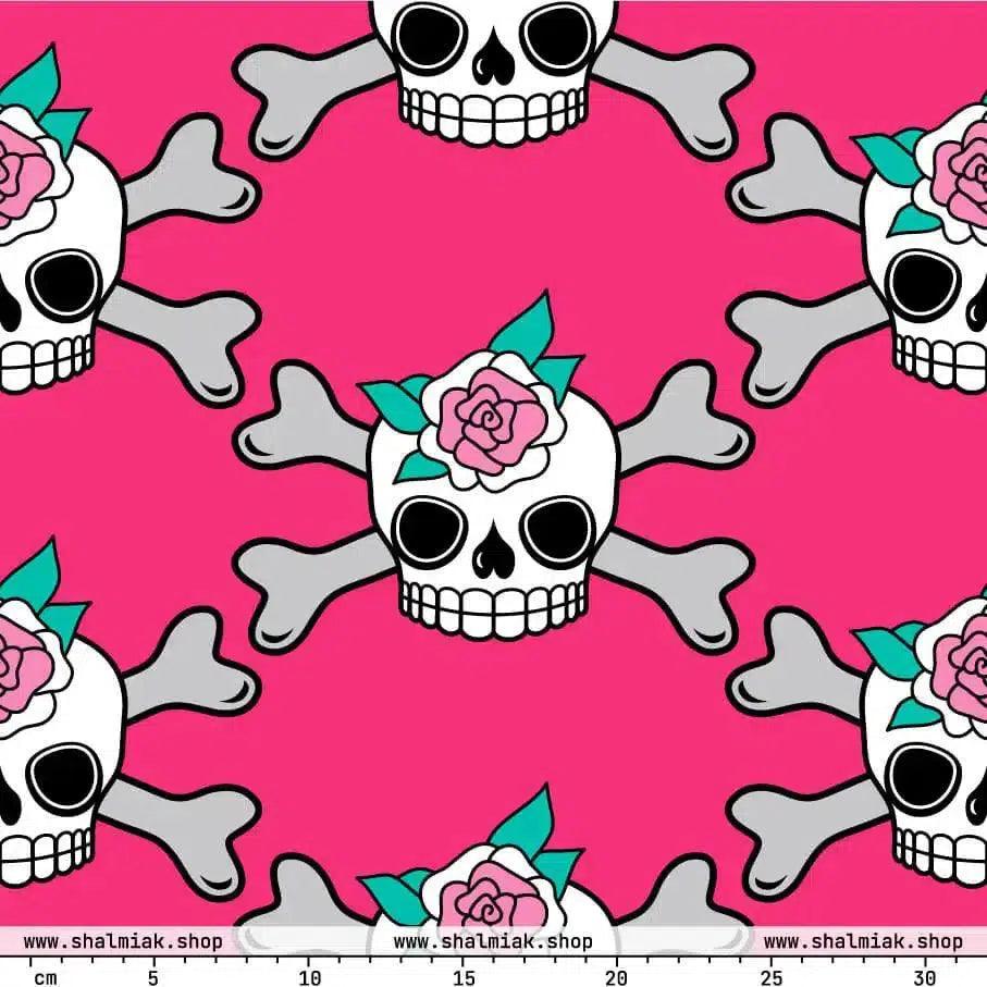 Fabric - SKULLROSE pink - Skulls and roses print
