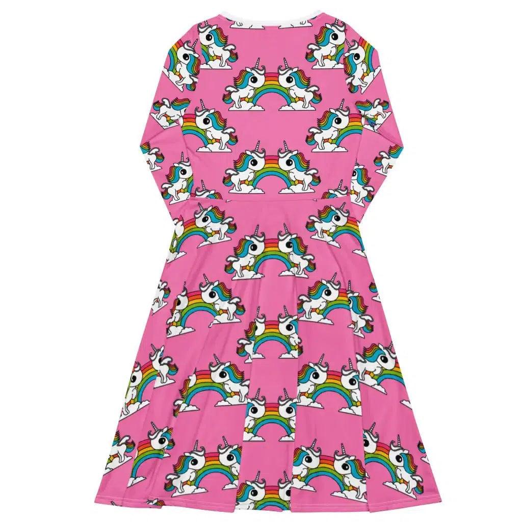 UNIQUE pink - Midi Dress With Pockets with unicorns and rainbows