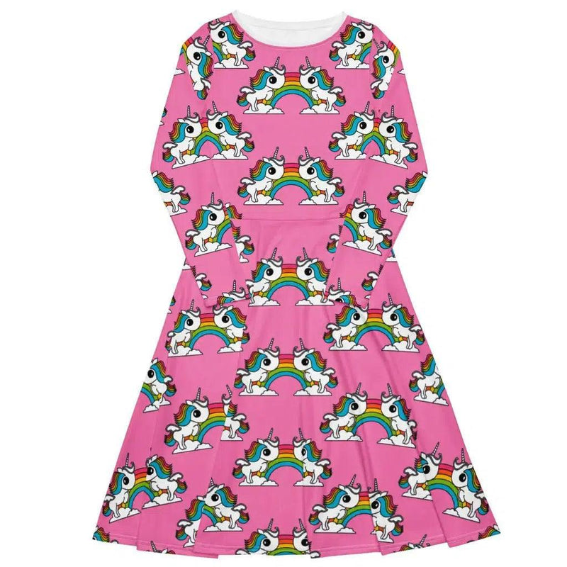 UNIQUE pink - Midi Dress With Pockets with unicorns and rainbows