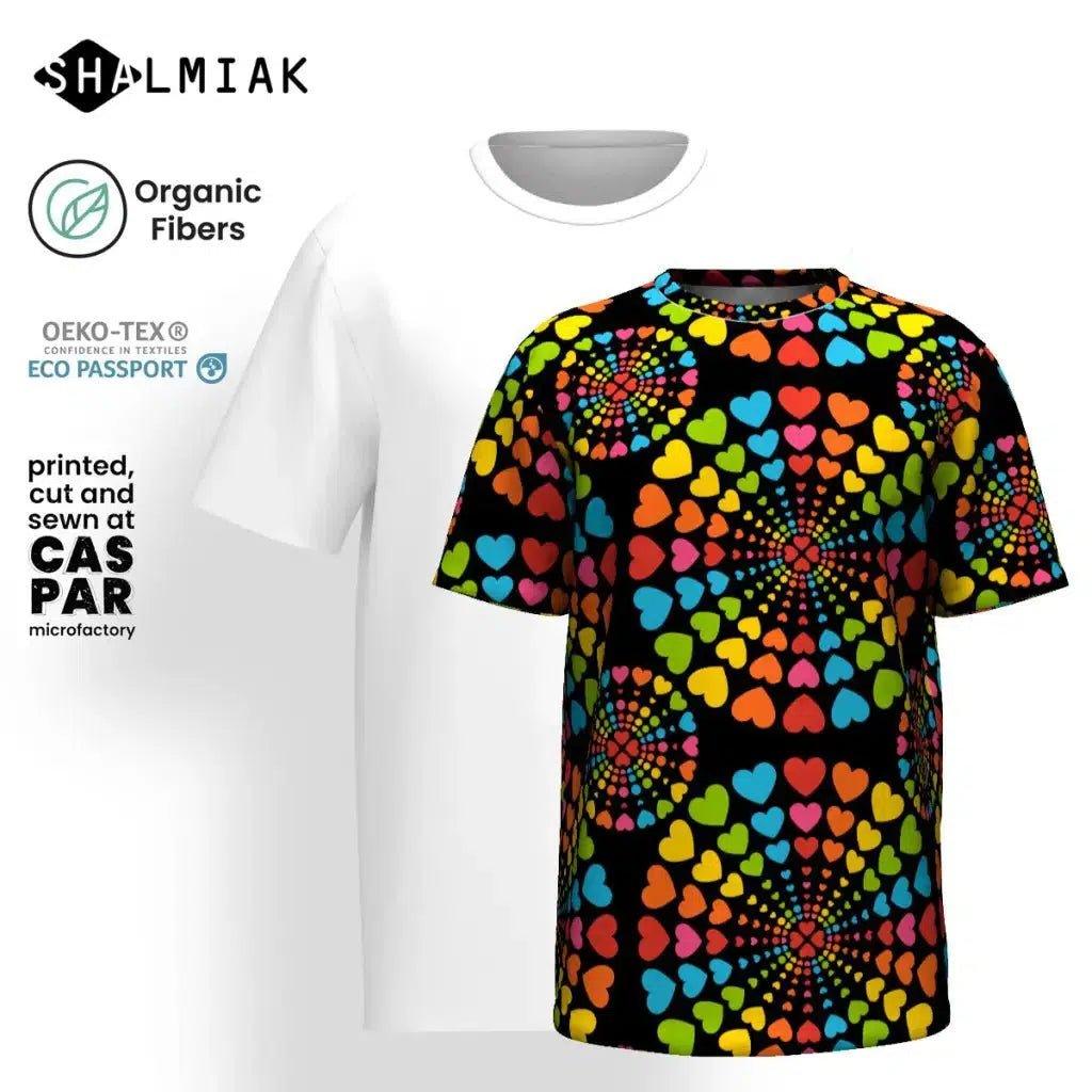 Organic cotton t-shirt - ALL HEARTS MATTER black - Colorful hearts and circles print