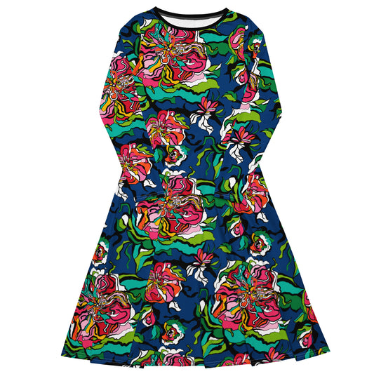 Midi dress - BLOOM RIOT blue - Edgy floral print 6XL