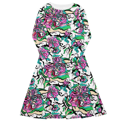 Midi dress - BLOOM RIOT pink white - Edgy floral print 6XL