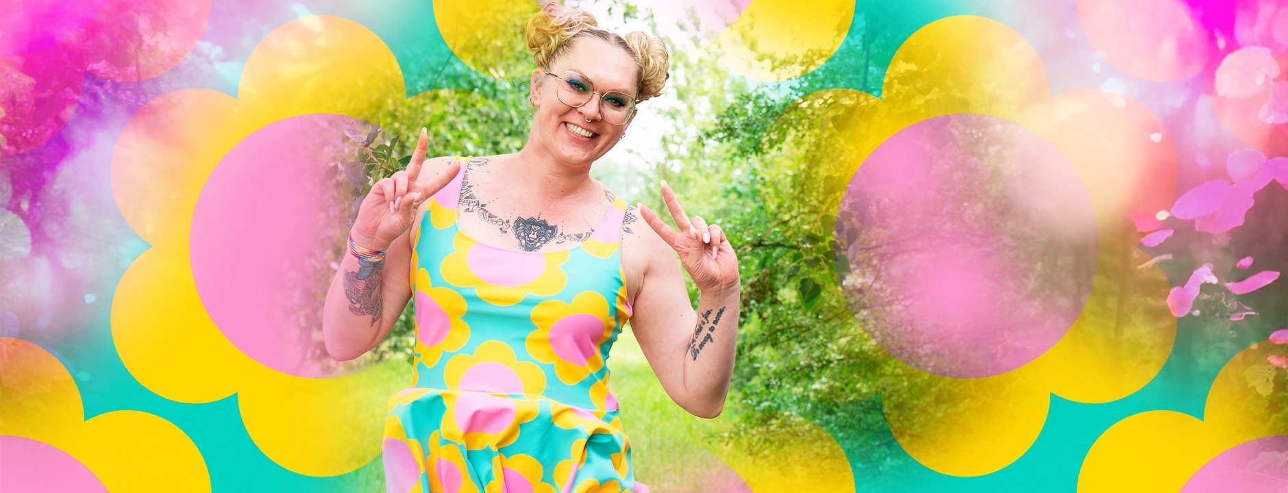 Banner of smiling Nelly in a colorful skater dress by SHALMIAK.
