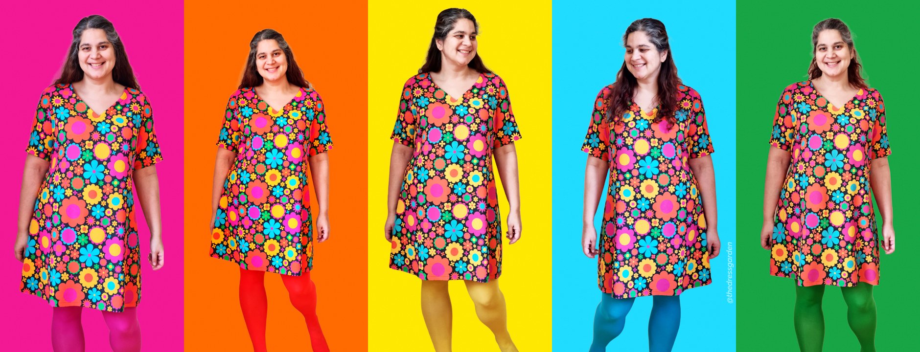 @thedressgarden in colorful dress made of BLOOMPOP fabric by SHALMIAK.
