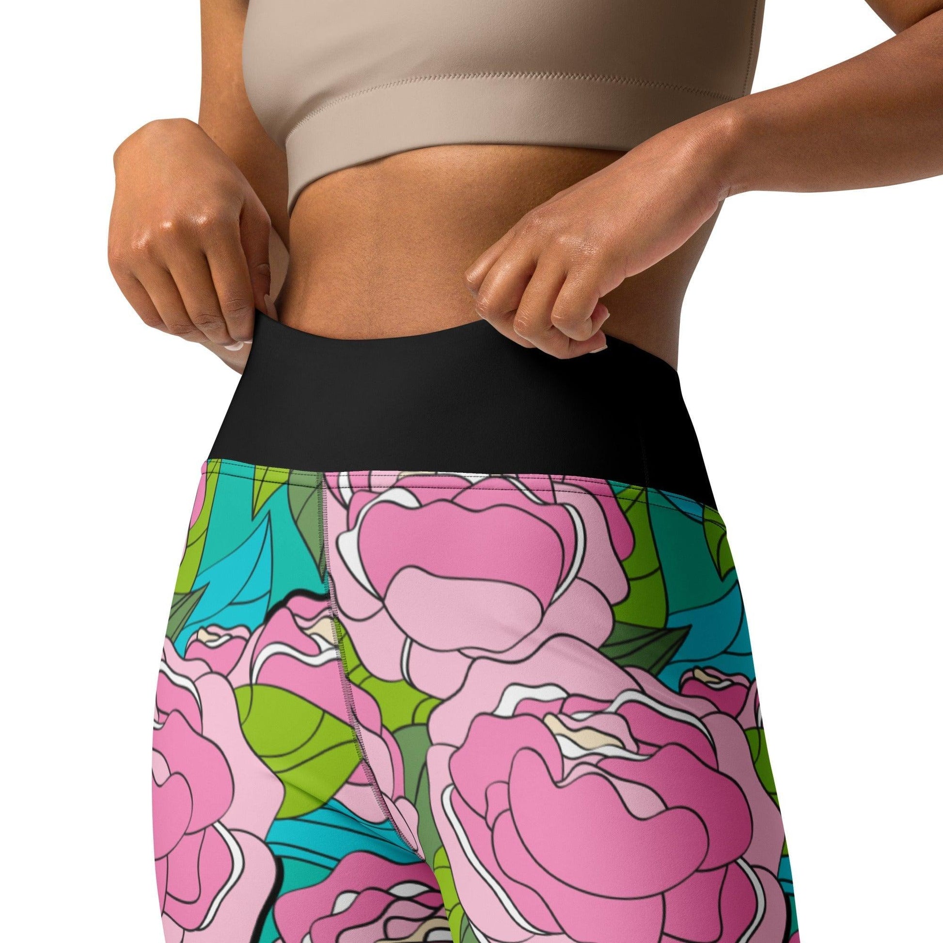 Yoga leggings -2- BE MY ONLY pink turquoise - Bold pink peony print