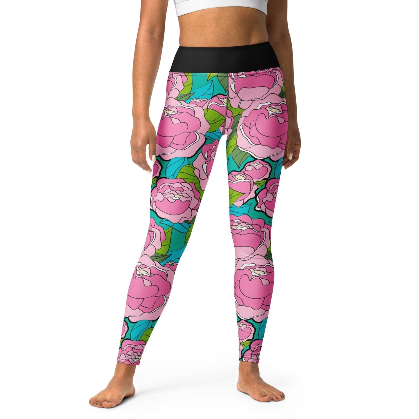 Yoga leggings -2- BE MY ONLY pink turquoise - Bold pink peony print XL