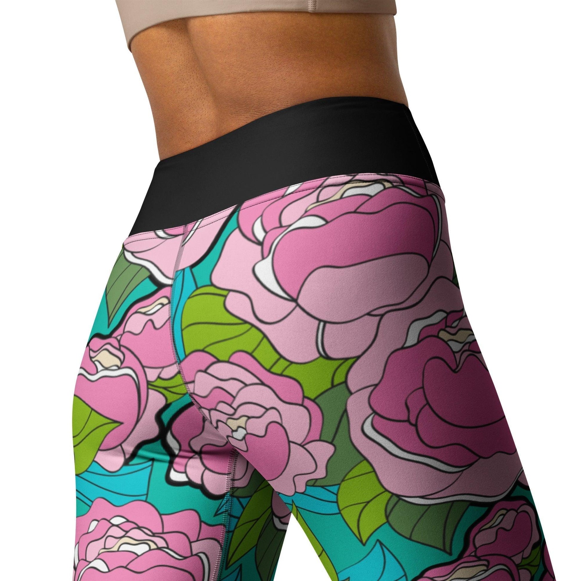 Yoga leggings -2- BE MY ONLY pink turquoise - Bold pink peony print