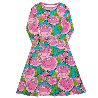 Midi dress - BE MY ONLY pink turquoise - Bold pink peony print