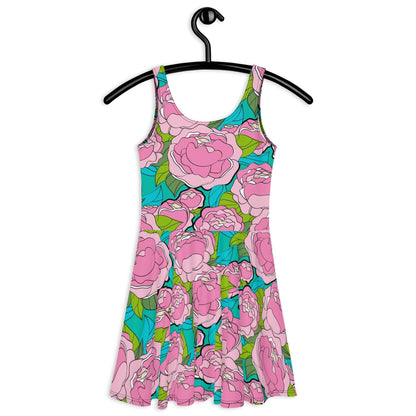Skater dress - BE MY ONLY pink turquoise - Bold pink peony print
