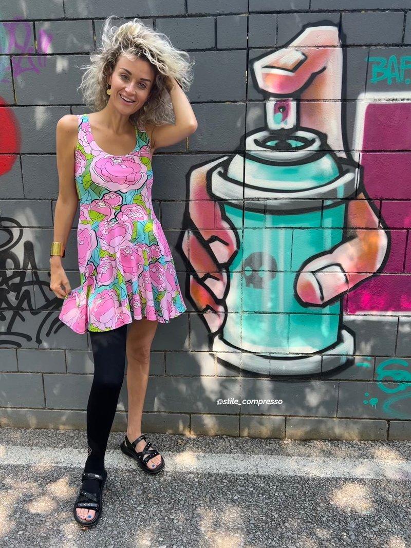 Skater dress - BE MY ONLY pink turquoise - Bold pink peony print
