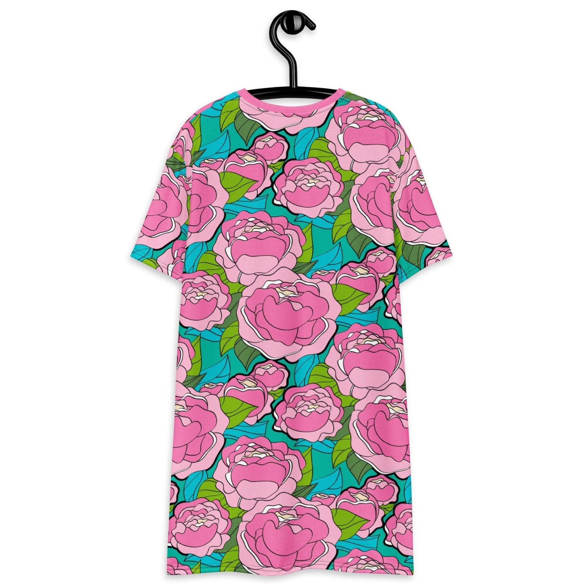 T-shirt dress - BE MY ONLY pink turquoise - Bold pink peony print