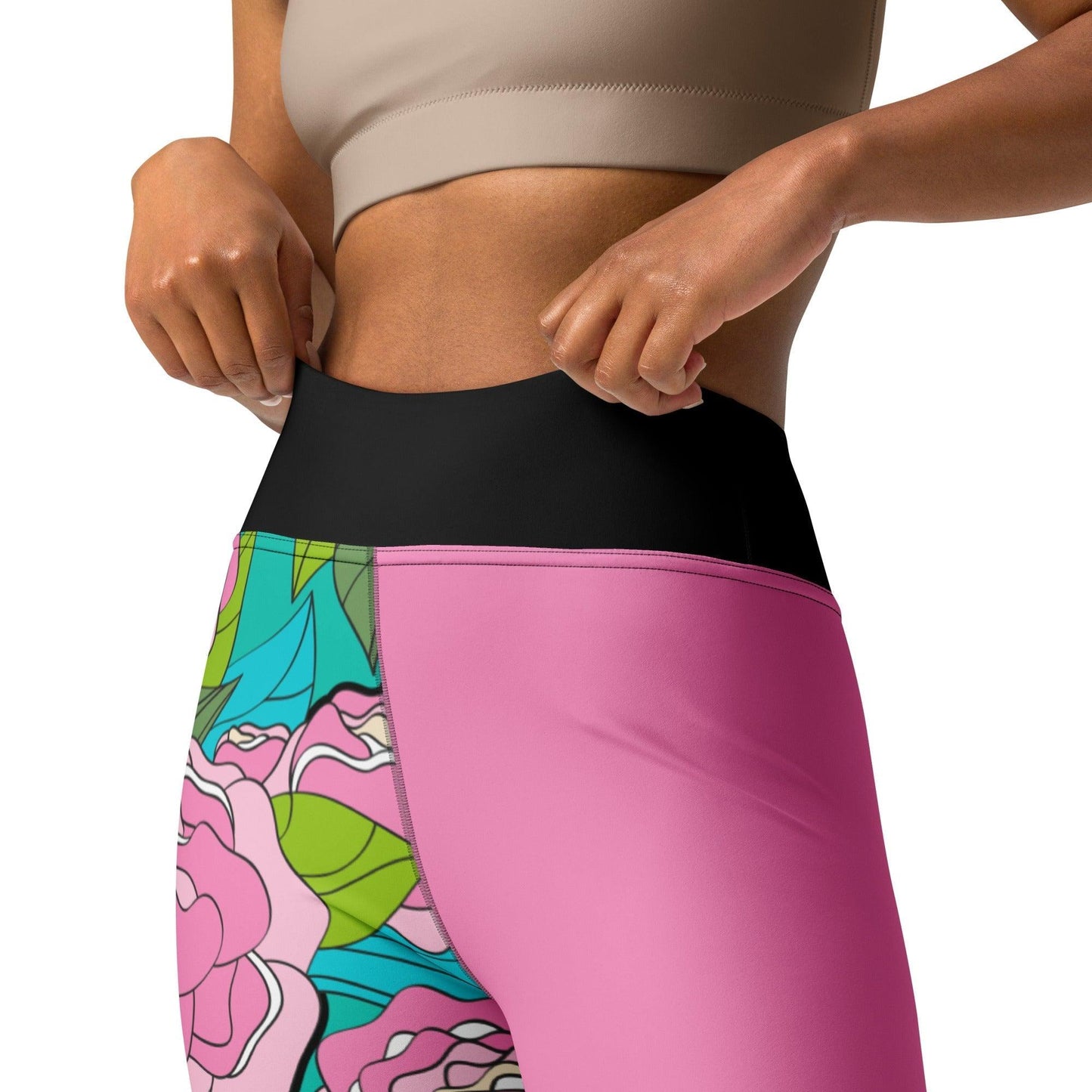 Yoga leggings - BE MY ONLY pink turquoise - Bold pink peony print