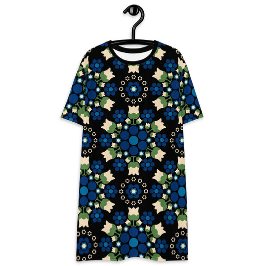 T-shirt dress - BERRY DANCE blue black - Berries and flowers print 6XL