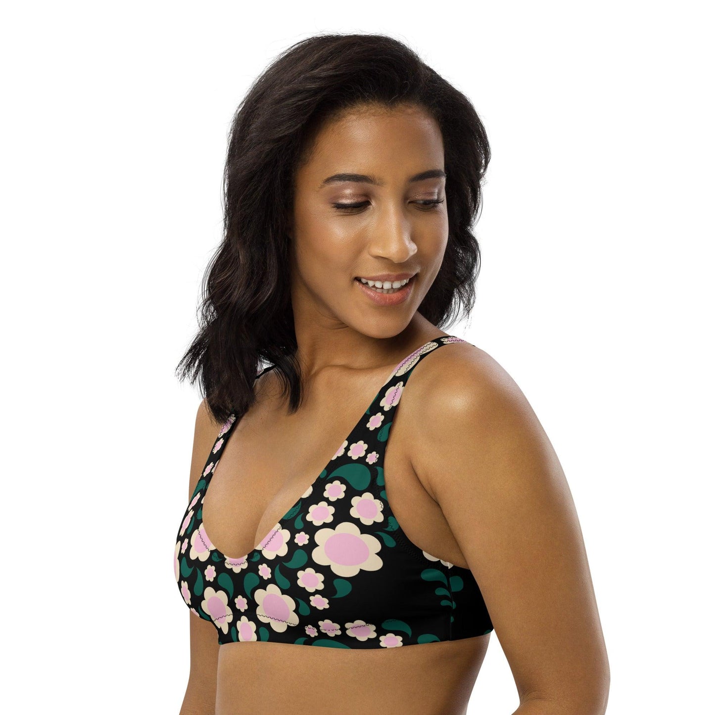 Bikini top - HEARTBEAT pink black - Flower hearts print