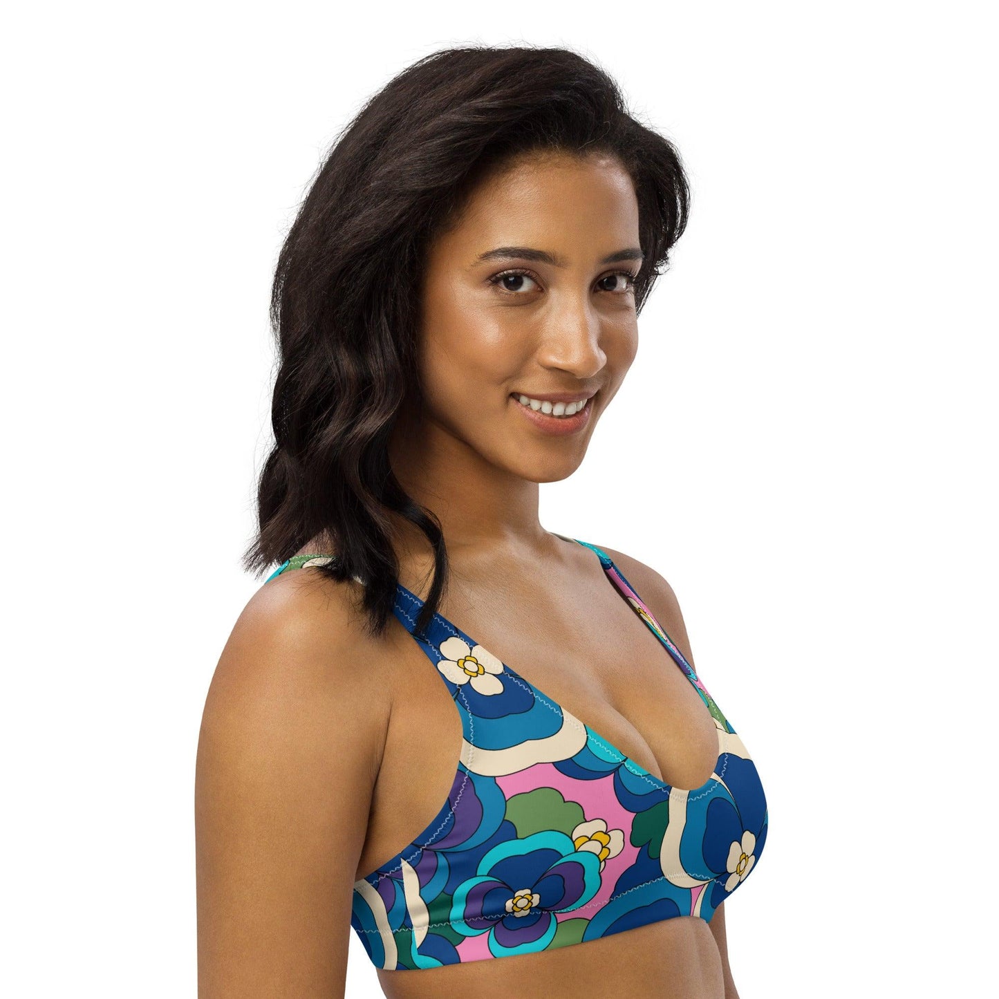 Bikini top - PANSY FANTASY blue - Retro pansy print