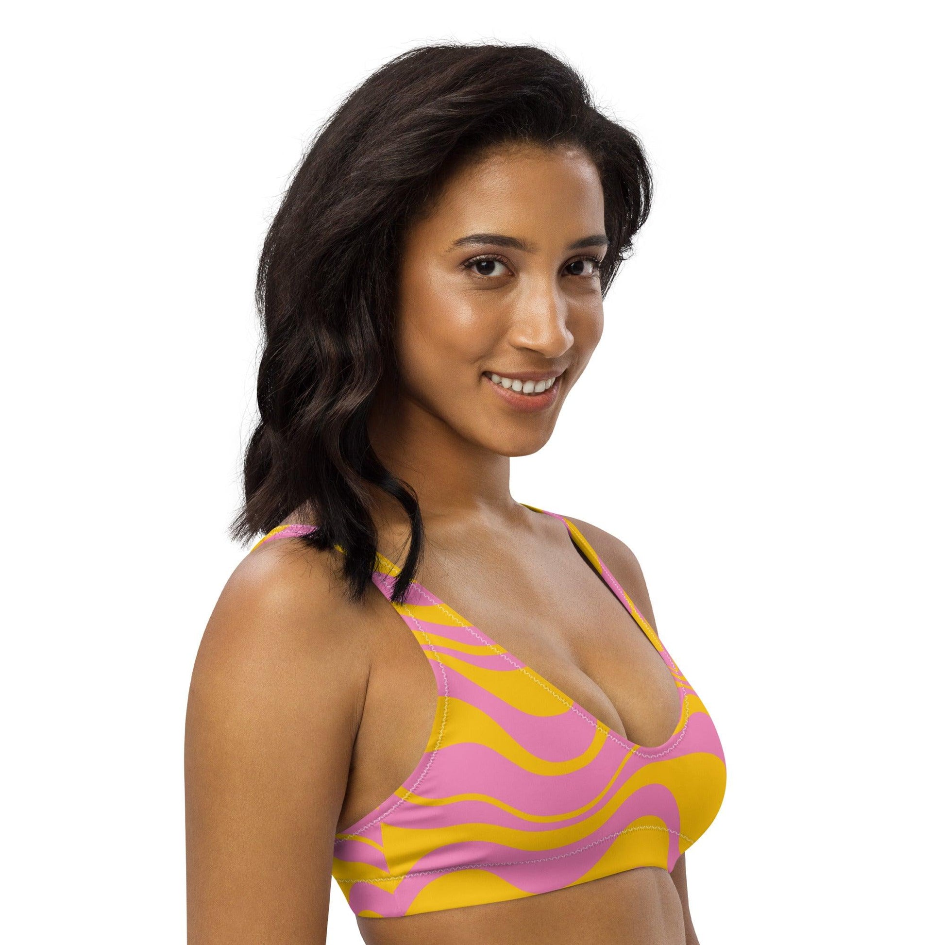 Bikini top - ENERGY WAVES pink yellow - Wavy stripe print