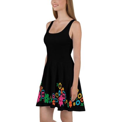 Skater dress - BLACK with BLOOMPOP happy - Colorful bloom print