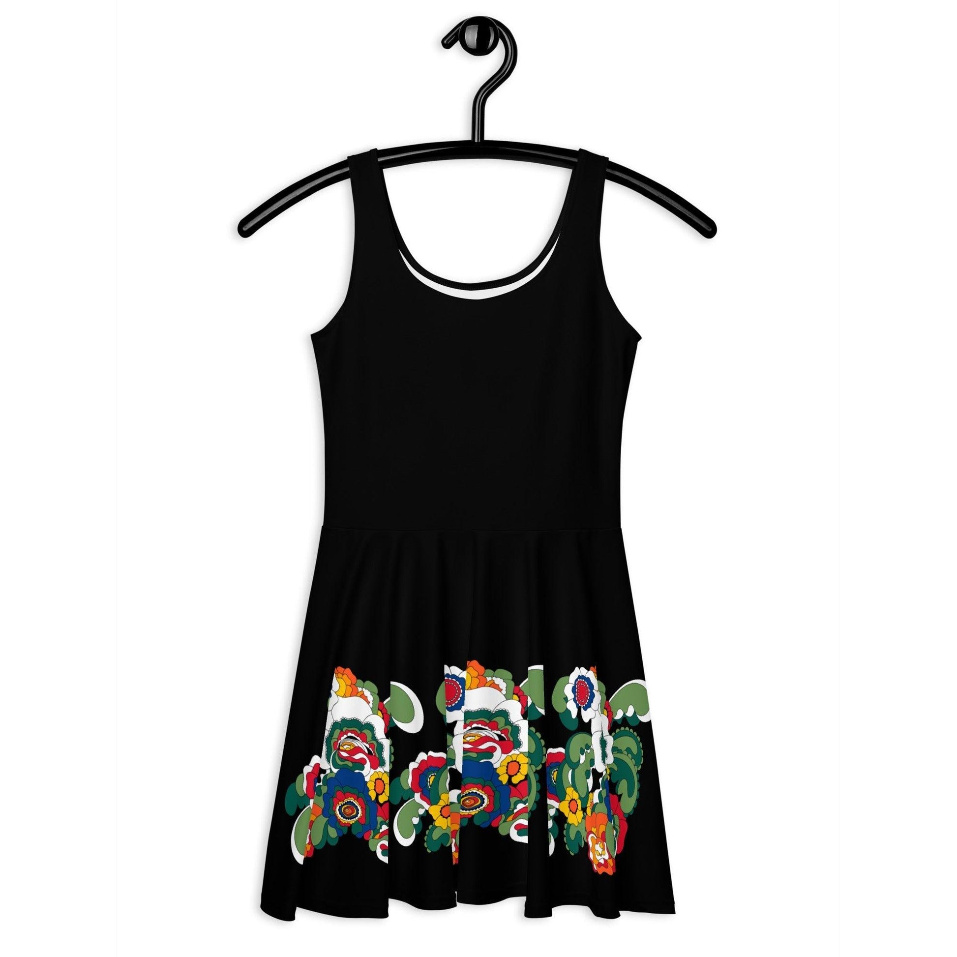 Skater dress - BLACK with GROOVY KURBITS - Folk floral print